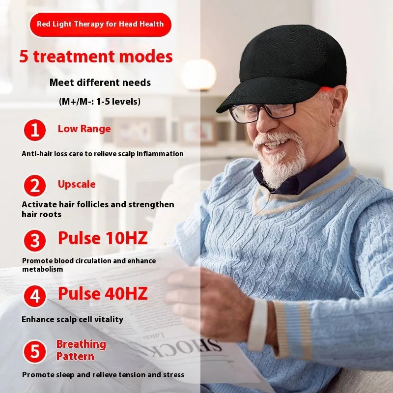 Black infrared peaked cap with 180 LED lights for hair growth red light therapy