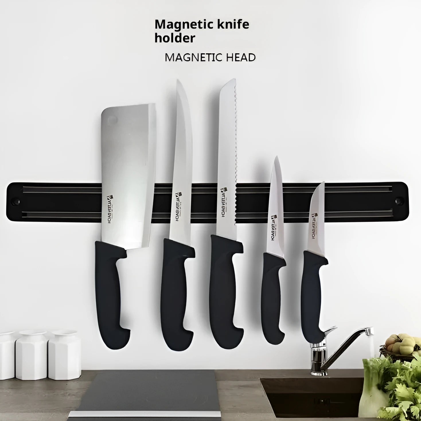 Kitchen magnetic knife holder 50cm wall-mounted with stainless steel knives