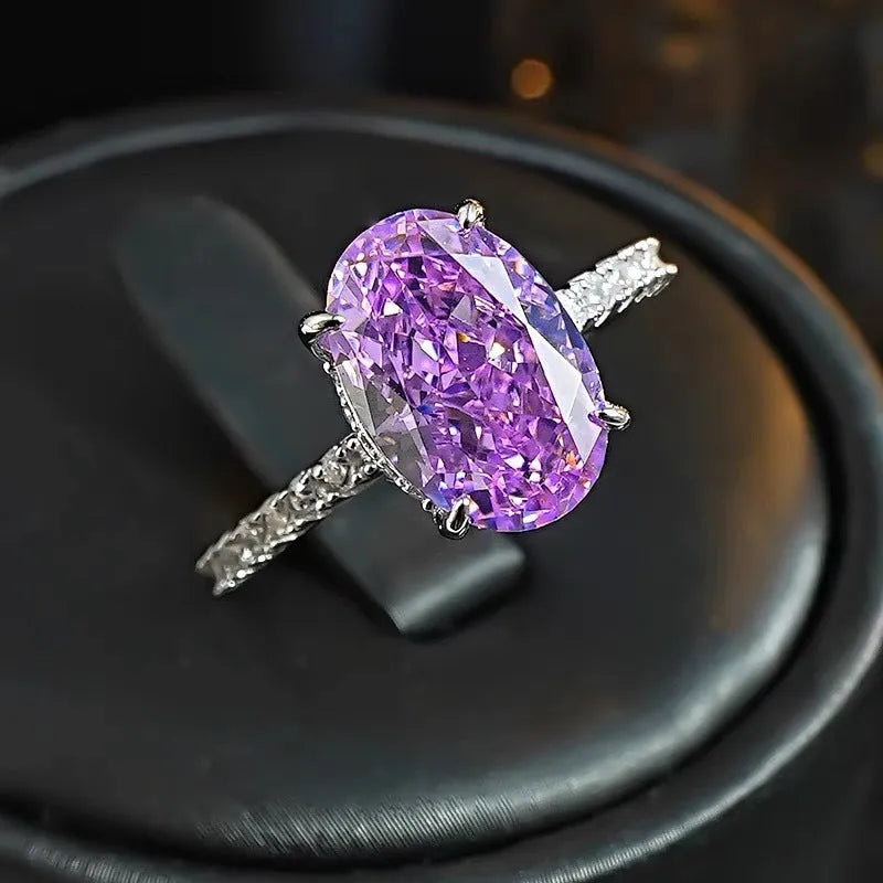 Simple violet starry zircon open mouth ring for women, copper with electroplating, geometric ellipse shape