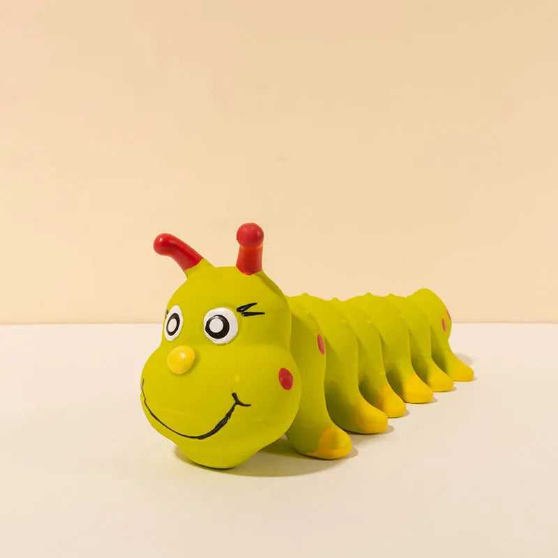 Yellow rubber caterpillar-shaped dog squeaky toy with measurements