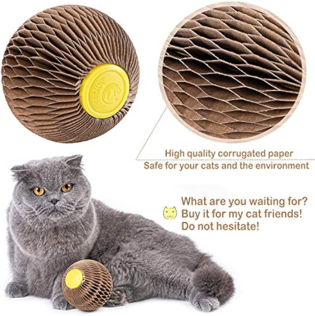 Brown refillable catnip ball toy for cats, 76mm corrugated paper scratcher with natural catnip
