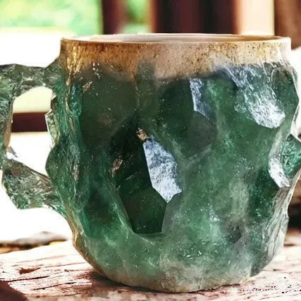 Clear resin mineral crystal coffee mug with handle in a blue colour, showing 400ml capacity.