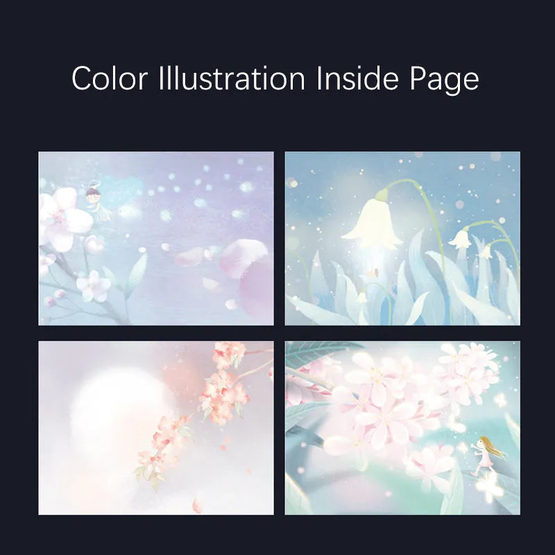 A5 size notebook with a luminous cover, open to show colour illustration pages and lined 160gsm paper.