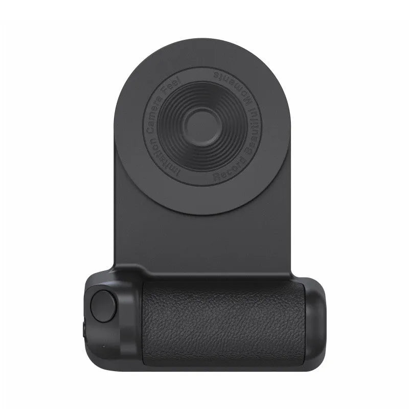 Black magnetic phone camera bracket with ergonomic PU leather handle on table