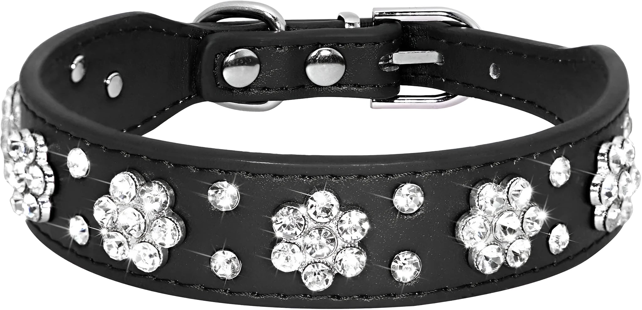 Rhinestone and studded flower pattern on a black adjustable PU leather dog collar with metal D-ring