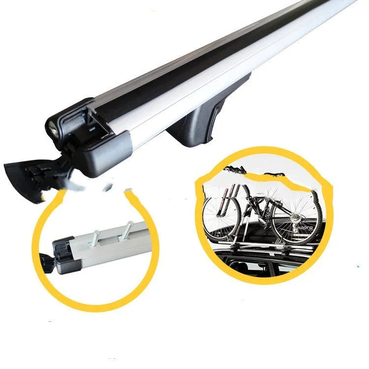 Alloy roof rack crossbar kit for General Motors SUV on a vehicle roof, showing adjustable length.