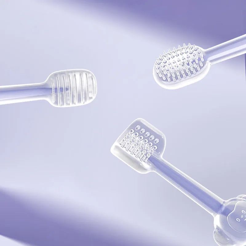 Blue, green, and purple silicone finger toothbrushes for cleaning cat and dog teeth.
