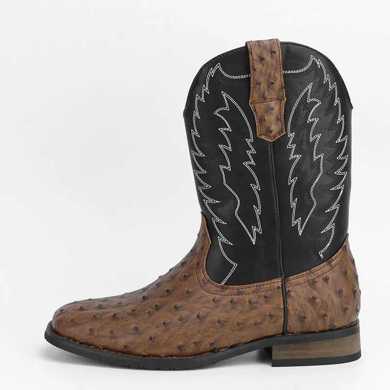 Men's western denim square toe motorcycle boots in artificial leather with low wedge heel