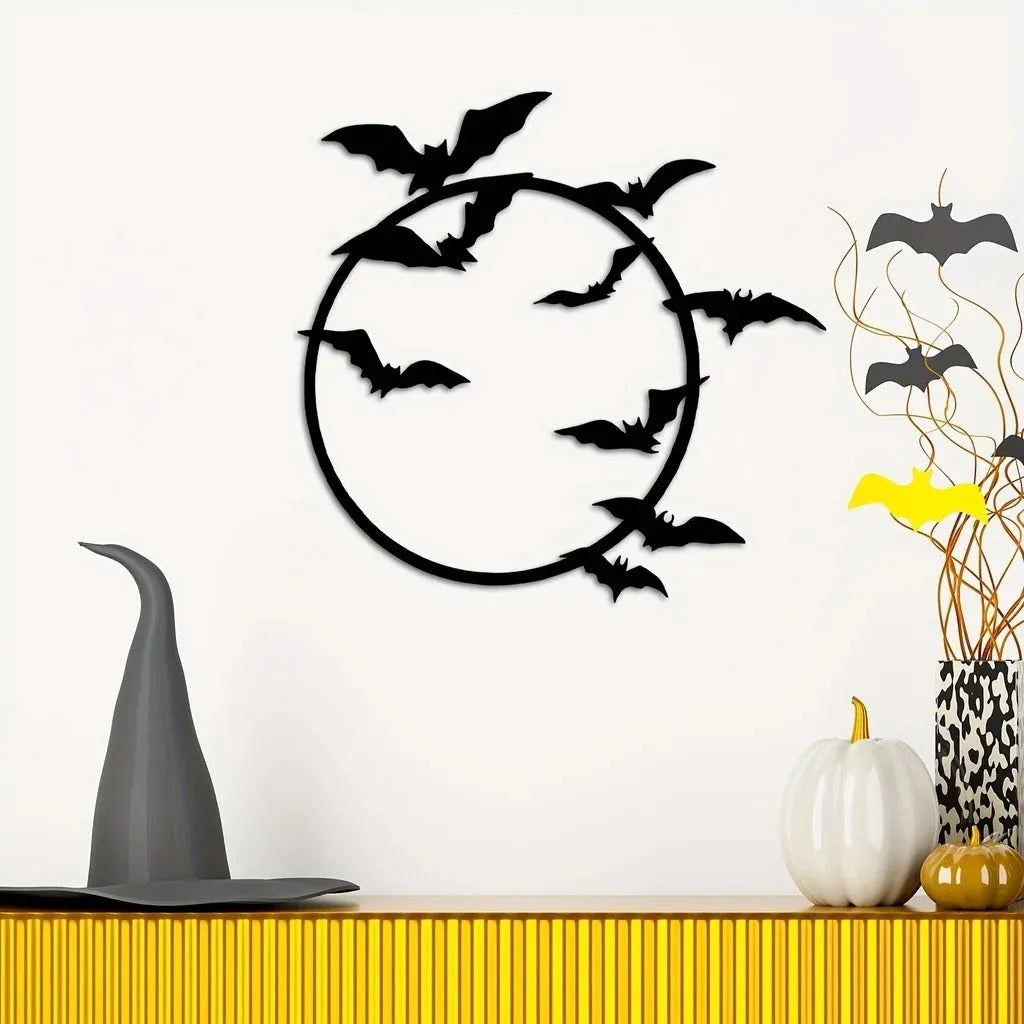 Black iron flying bat metal wall art in geometric style, 14x13.52 inch size on a light wall