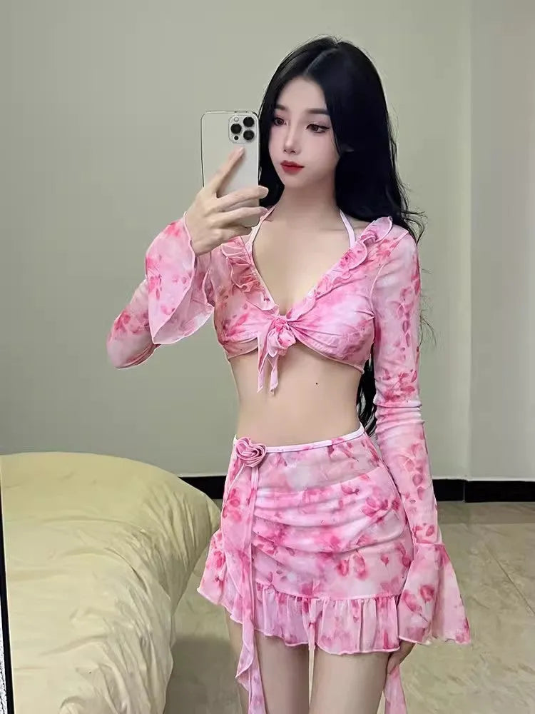 Women's floral bikini swimsuit in cherry blossom powder colour with polyester fabric
