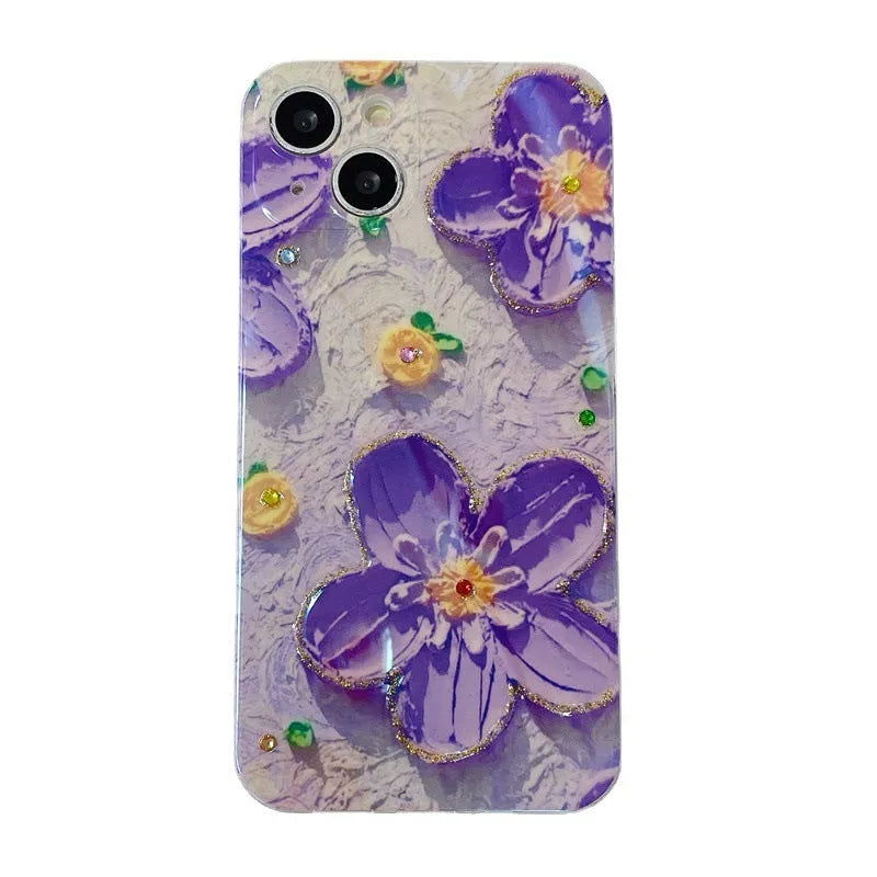 Purple and yellow soft rubber phone case with oil painting flower design and glittering diamond glue details.