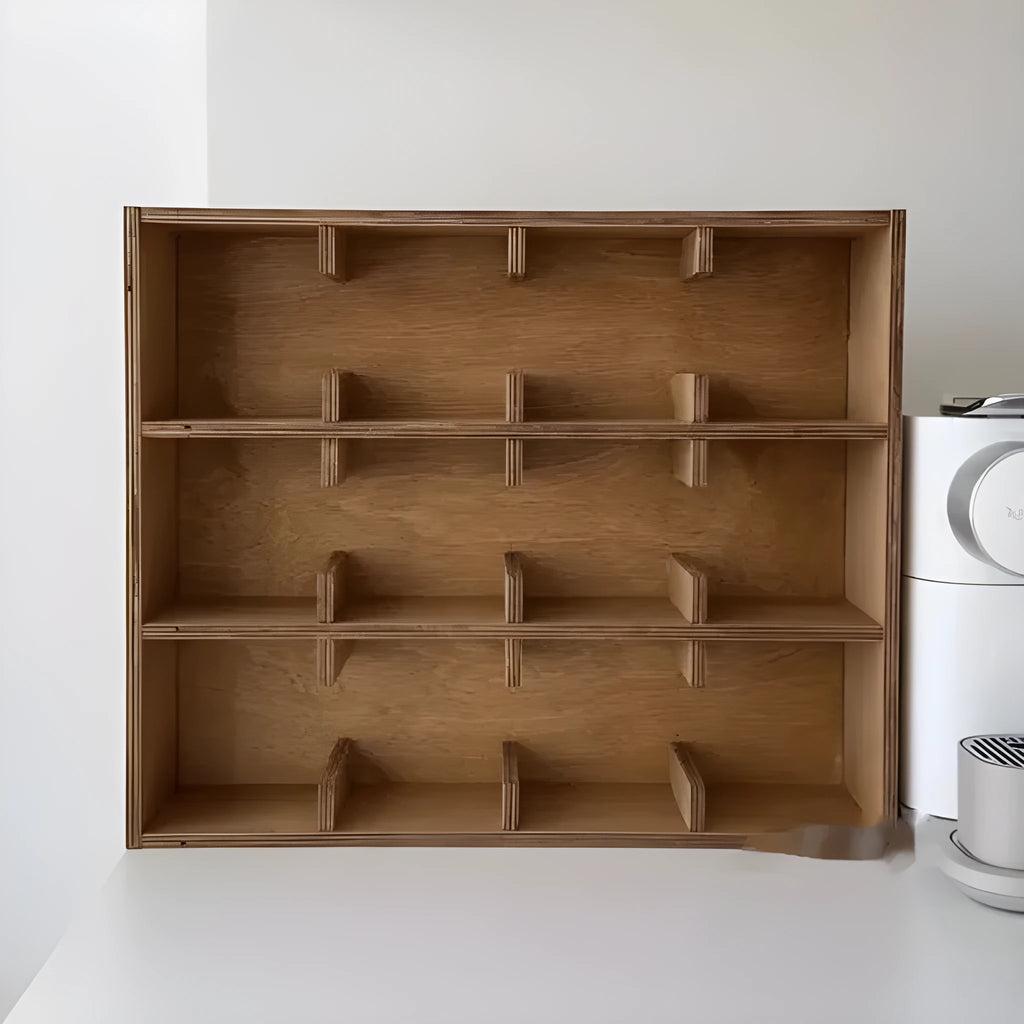 Solid wood cup storage rack with multiple square grids in birch wood meridian colour