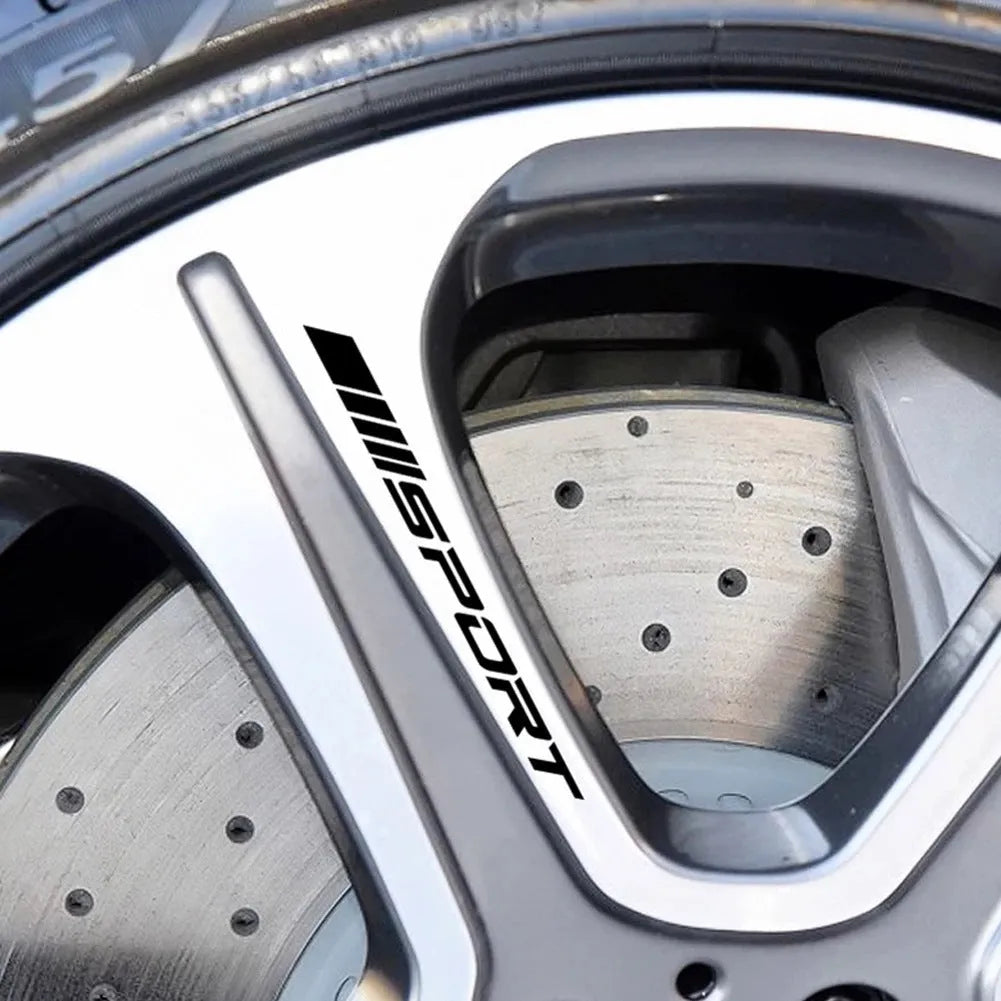 Red hollow pattern car rim sticker shown on alloy wheel, with black and white colour options displayed.