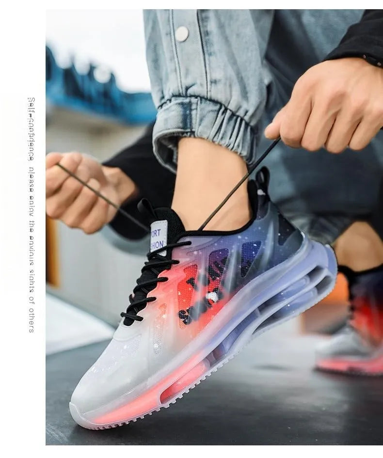 Men's mid-height platform running shoes with mesh upper and rubber sole in three colour options