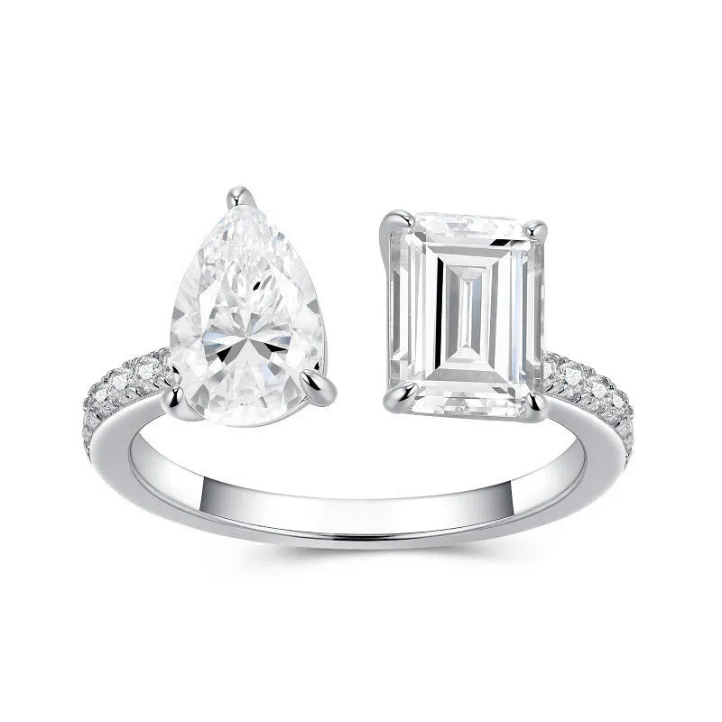 Square moissanite ring in 925 sterling silver with electroplated non-fading finish, geometric drop shape, US sizes 5 to 9