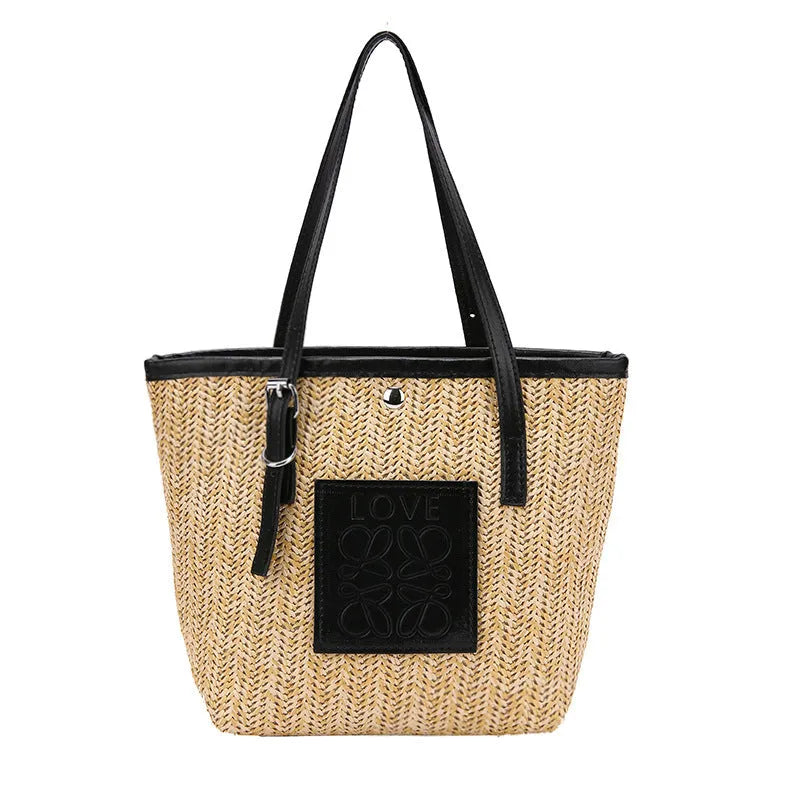 Straw woven women's shoulder bag in European retro style with large capacity