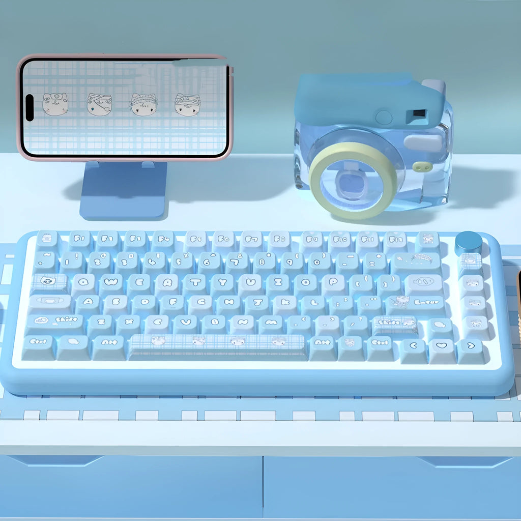 Watercolour kitten design custom keycap set for mechanical keyboards, showing PBT material and sublimation print.