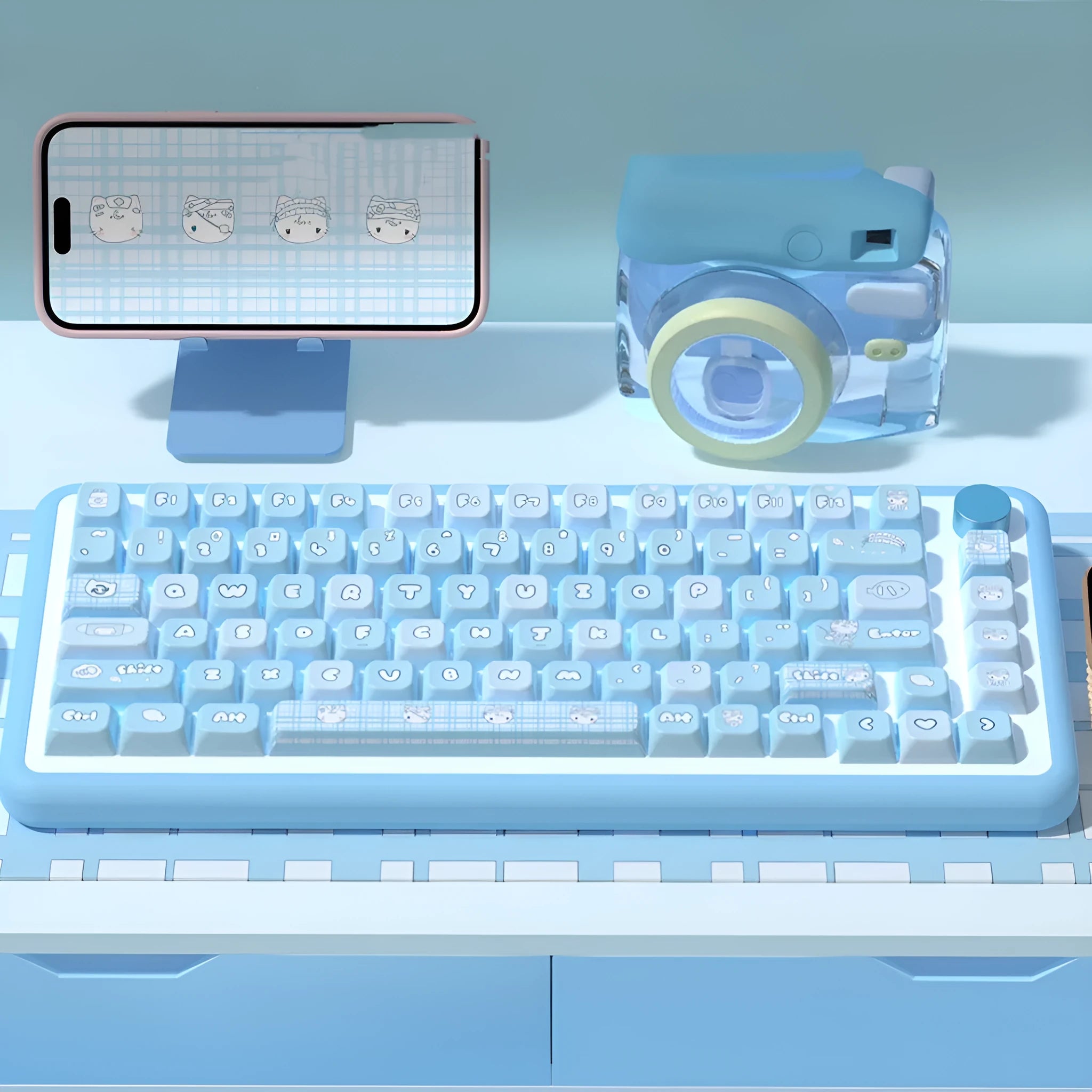 Watercolour kitten design custom keycap set for mechanical keyboards, showing PBT material and sublimation print.