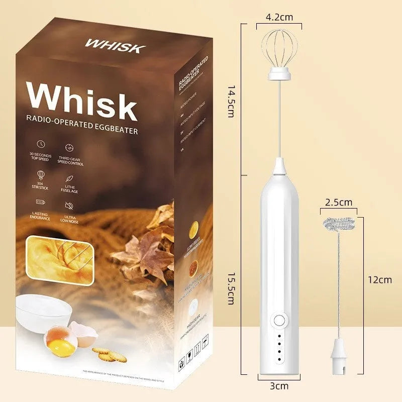 Handheld milk frother with stainless steel whisk in black, white, and khaki colour options