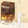 Handheld milk frother with stainless steel whisk in black, white, and khaki colour options