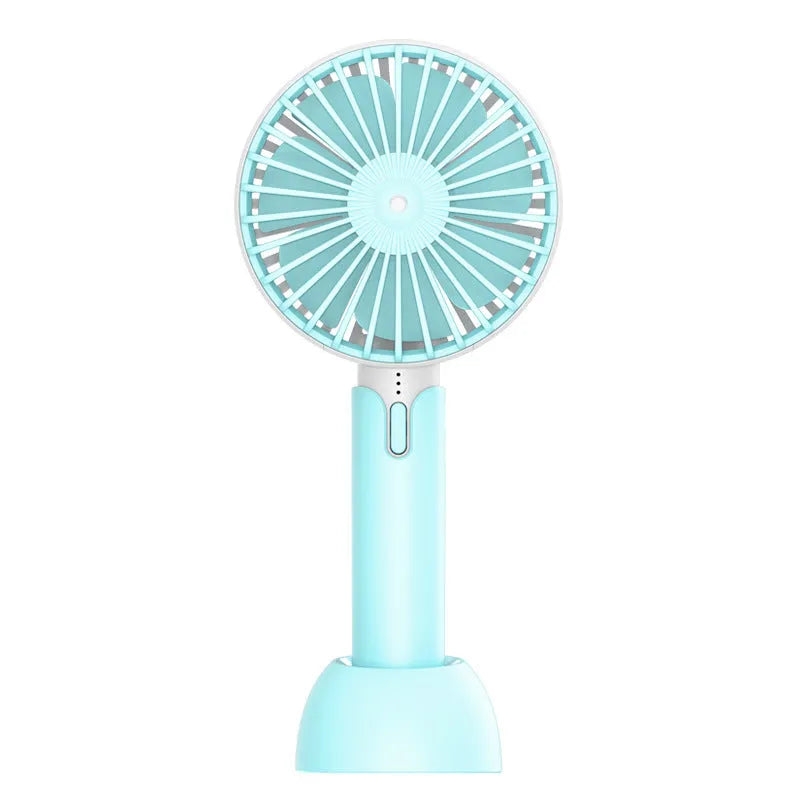 Blue handheld mini USB desktop fan with three speed settings showing compact design