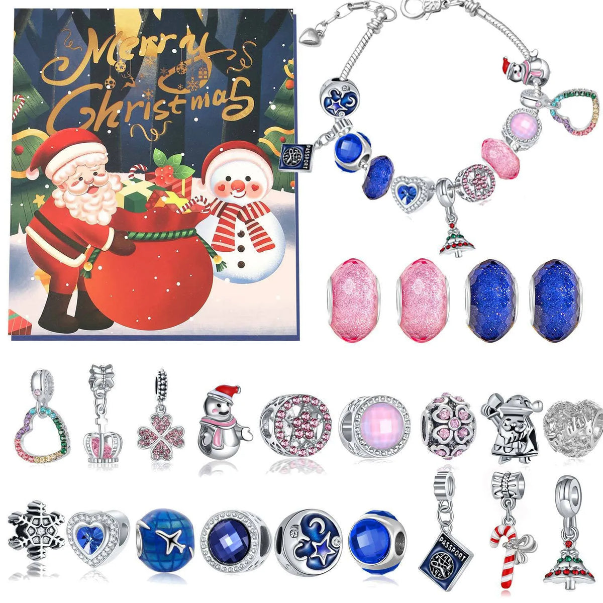 Christmas bead string jewellery gift box set with alloy electroplated beads and cartoon style design