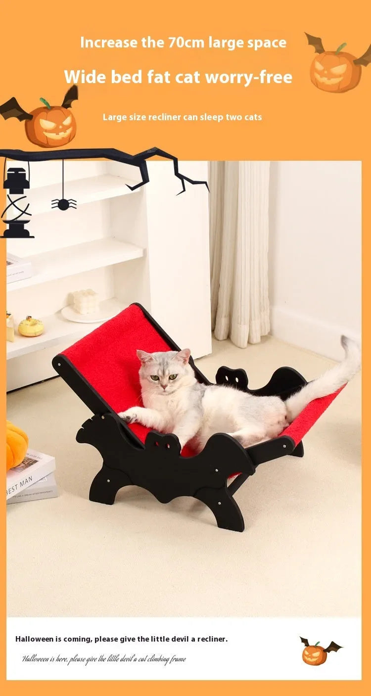 Black and red wooden cat lounge chair with bat-shaped decorative elements for Halloween themes