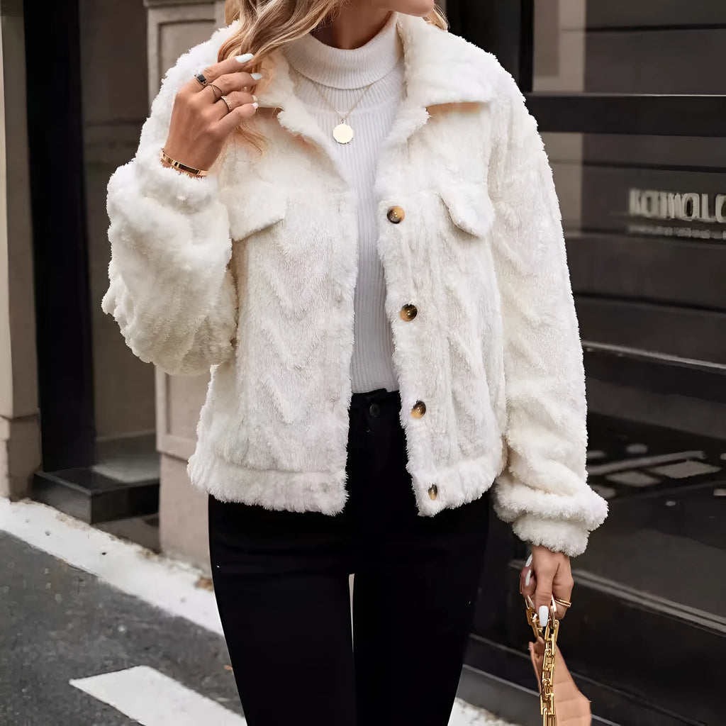 Ivory white double-sided plush women's cardigan with button front and regular long sleeves