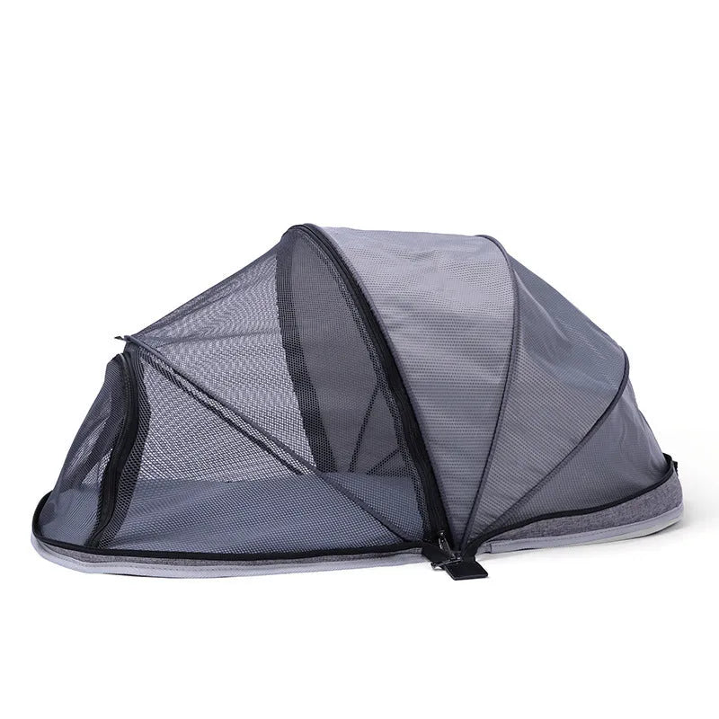 Portable folding cat tent with half-mesh panels in black or blue colour options