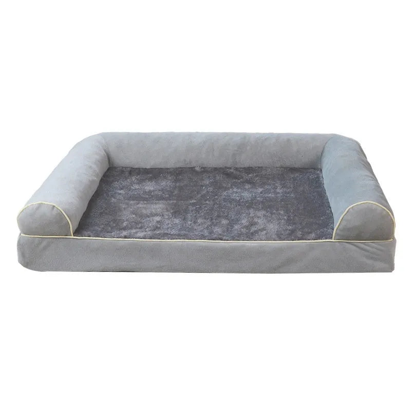 Square blue cloth dog bed with sponge filling, shown alongside dark grey, khaki, and beige colour options.