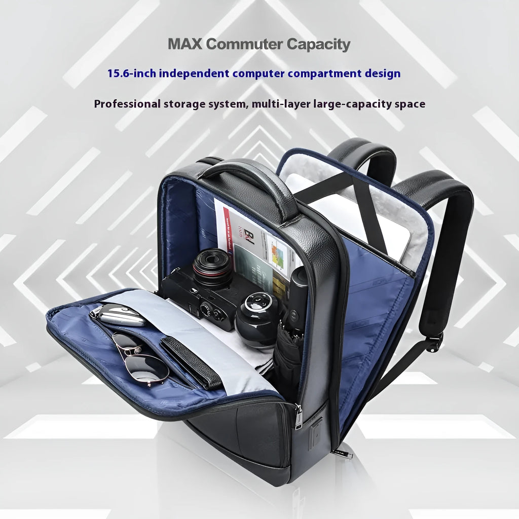 Black cowhide leather business backpack with USB charging port and curved shoulder straps