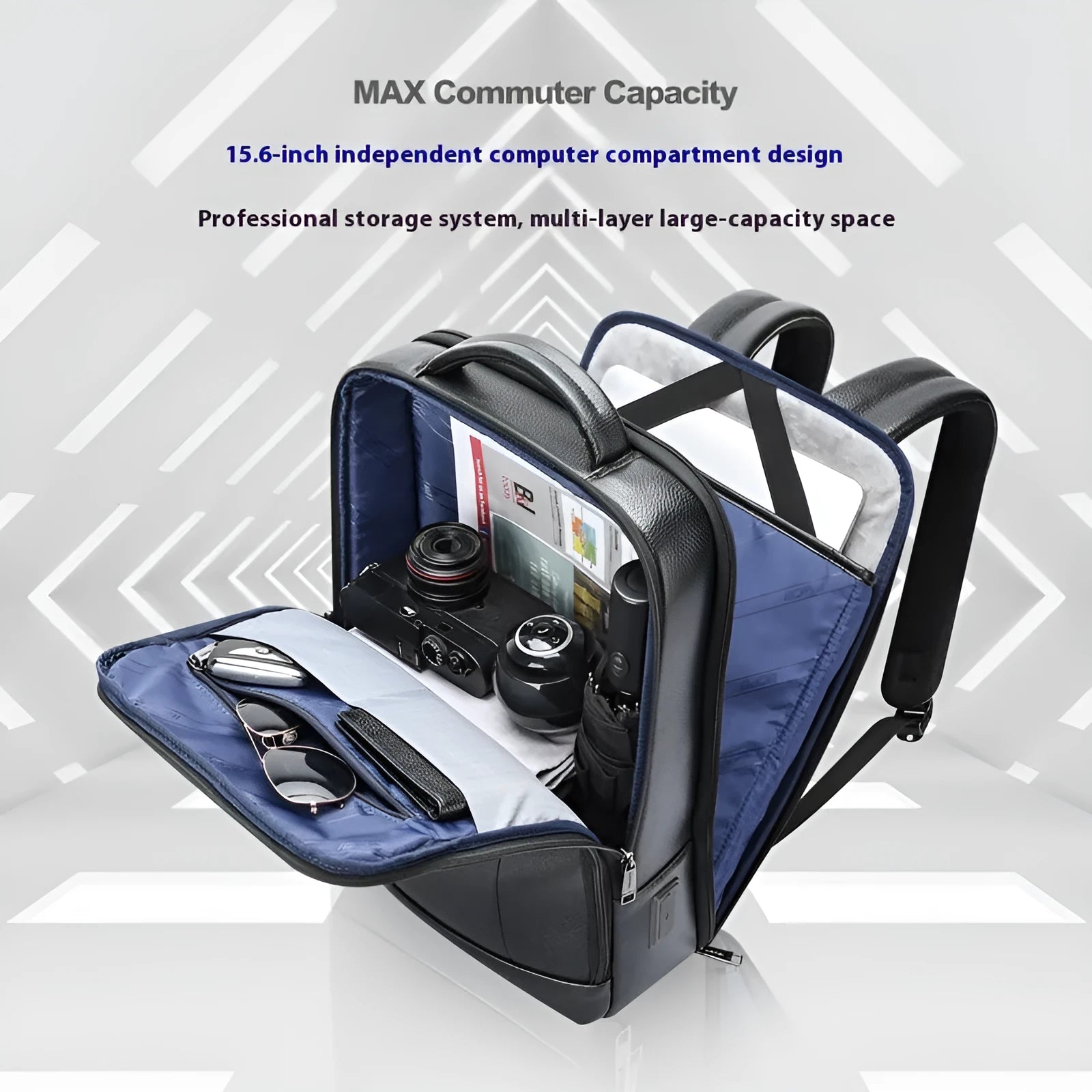 Black cowhide leather business backpack with USB charging port and curved shoulder straps