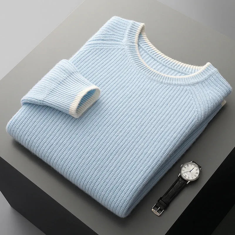 Men's round neck double-strand thickened wool sweater in rough yarn, black colour