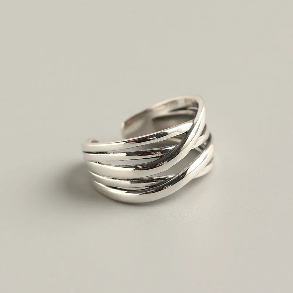 S925 sterling silver vintage weave ring for women with open design and retro silver finish