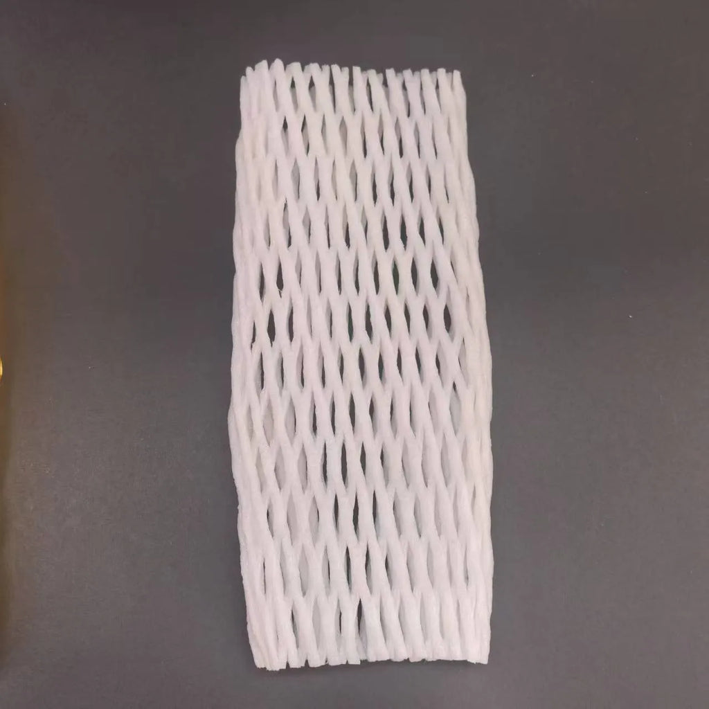 White foam net protective sleeve for apples and oranges, shown in various sizes.