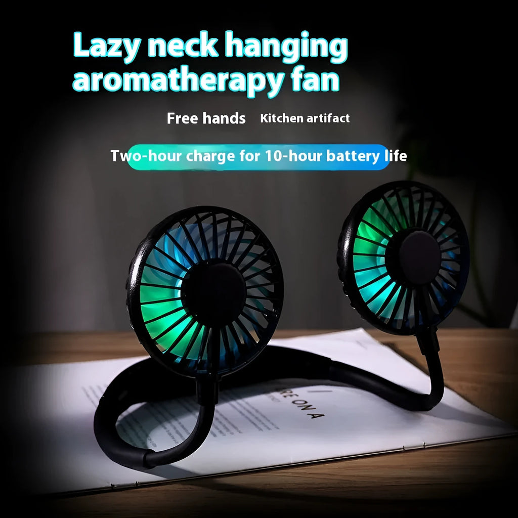 Charging mini portable halter fan with brushless motor, colourful breathing light, and three speed modes in black