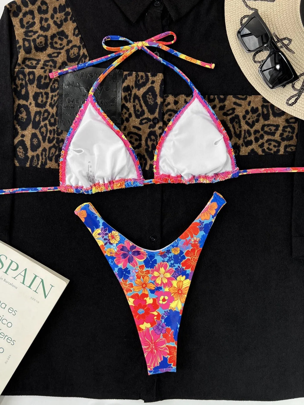Women's creative split printed lace-up bikini swimsuit in polyester - front view