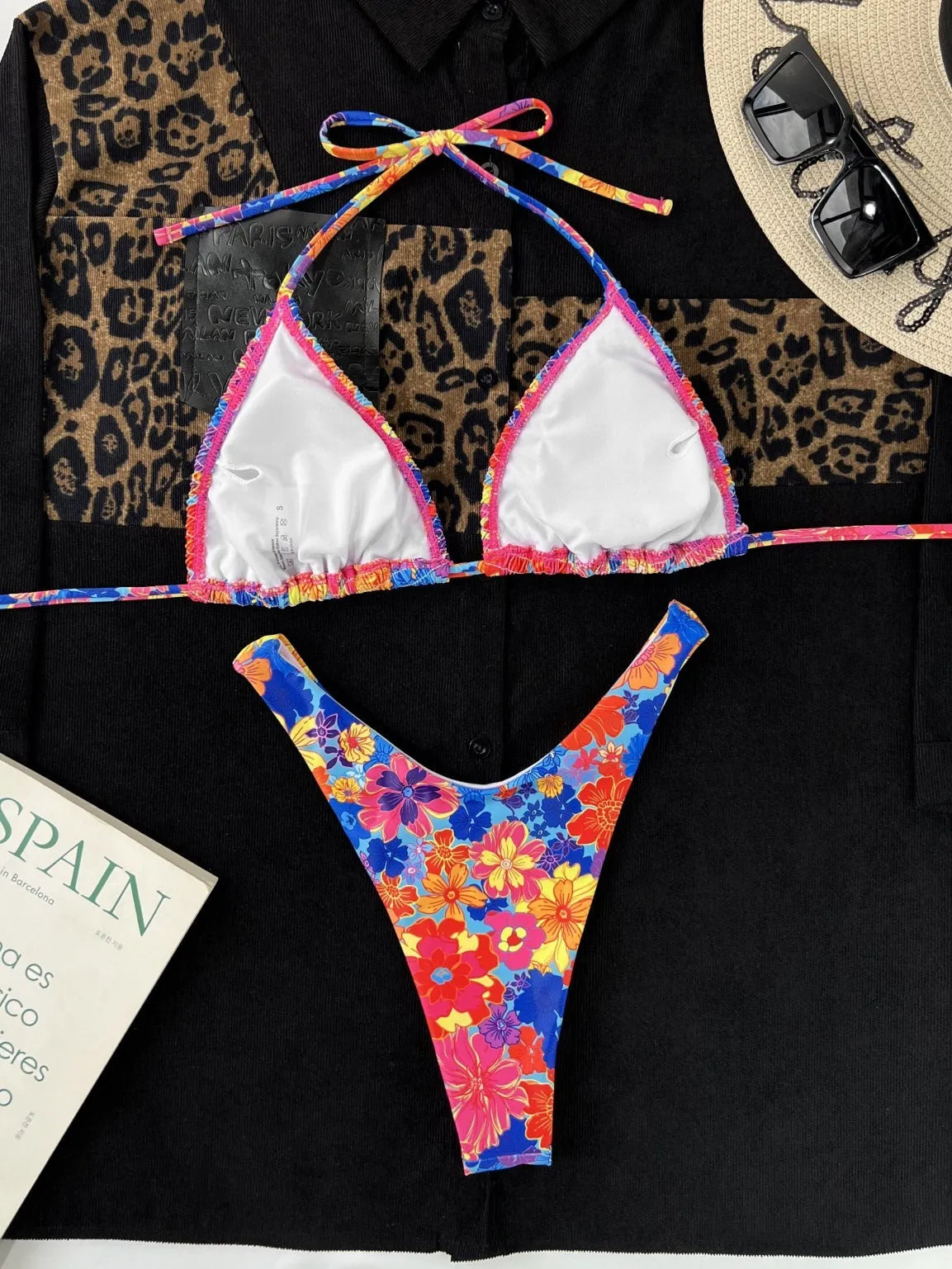 Women's creative split printed lace-up bikini swimsuit in polyester - front view