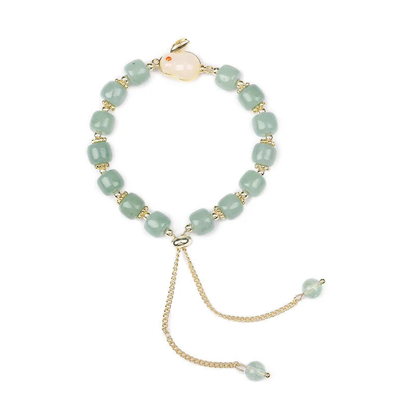Rabbit charm bracelet with green aventurine or strawberry quartz beads