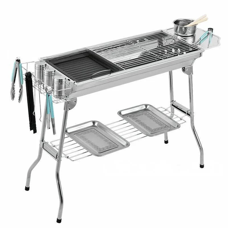 Large stainless steel outdoor barbecue oven with flip design and charcoal grill grates