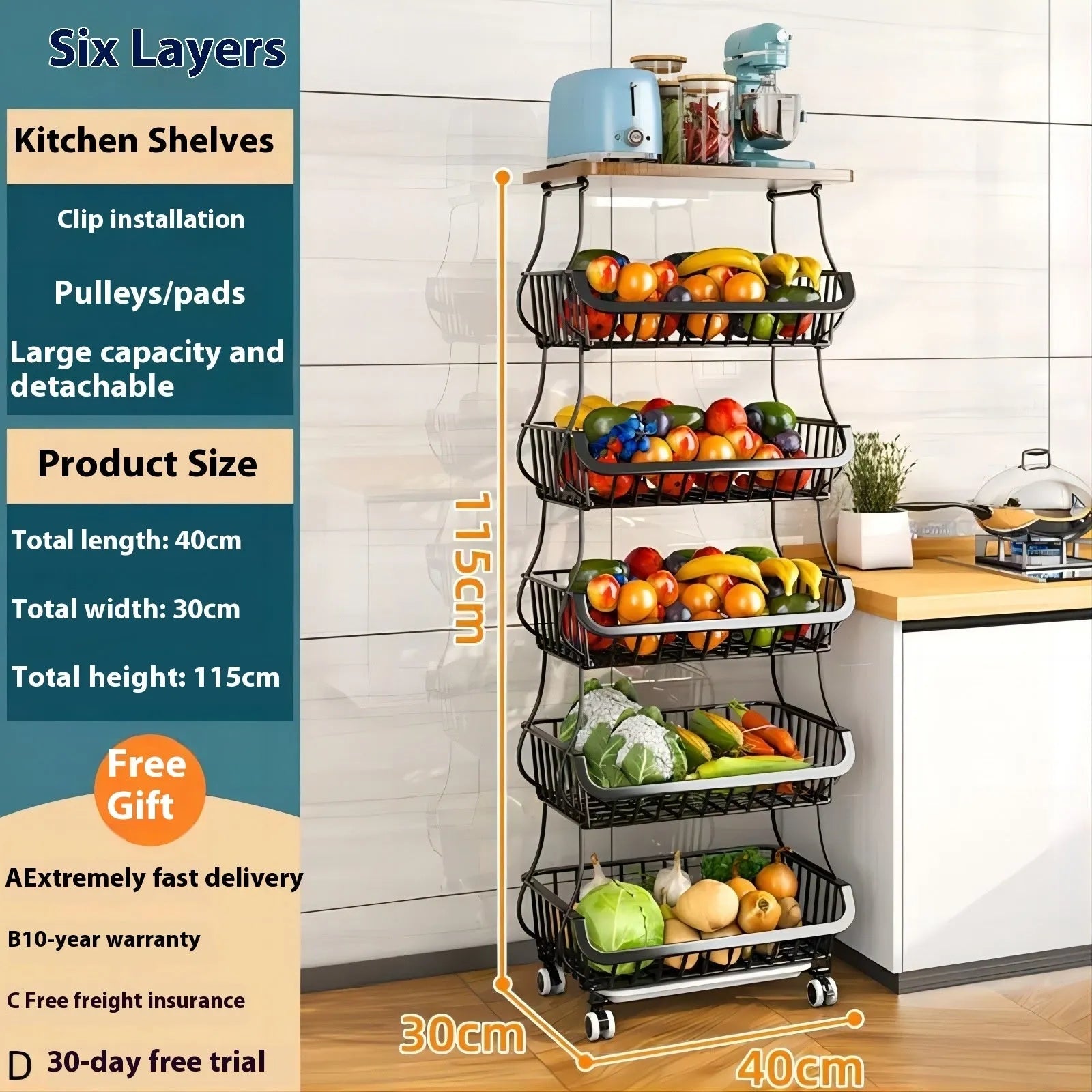 Black six-tier free-standing kitchen storage trolley with foldable metal shelves.