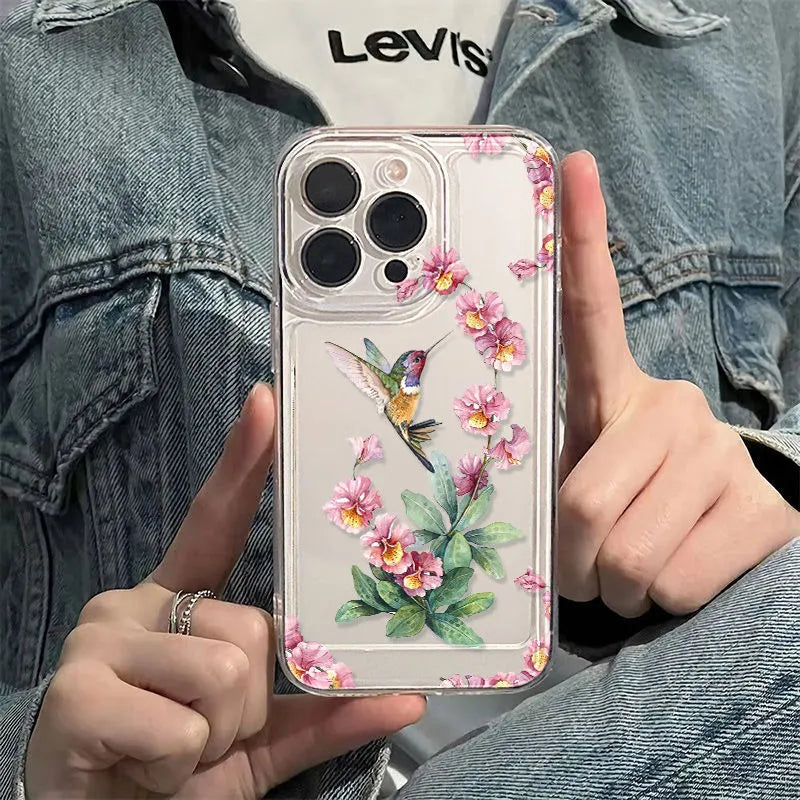 Flower Magpie fine hole all-inclusive TPU phone case for iPhone, transparent black, shockproof