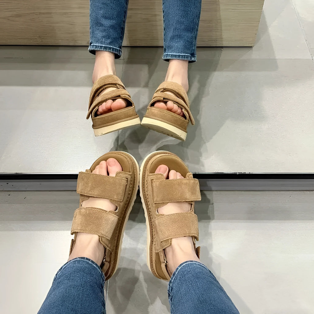 Women's plus size maroon peep toe sandals with a suede platform heel and Velcro strap.