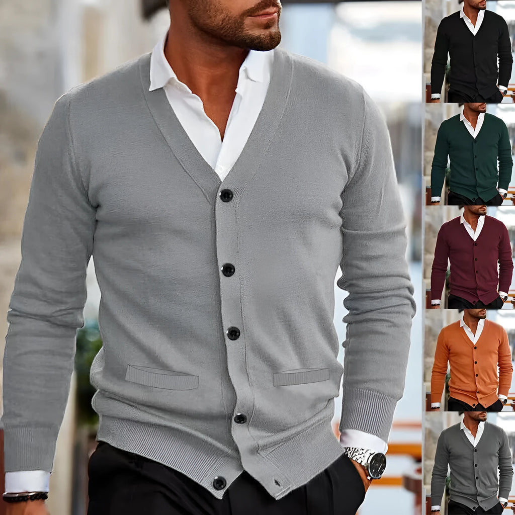 Men's slim fit acrylic cardigan sweater coat in creamy-white colour with long sleeves for autumn wear