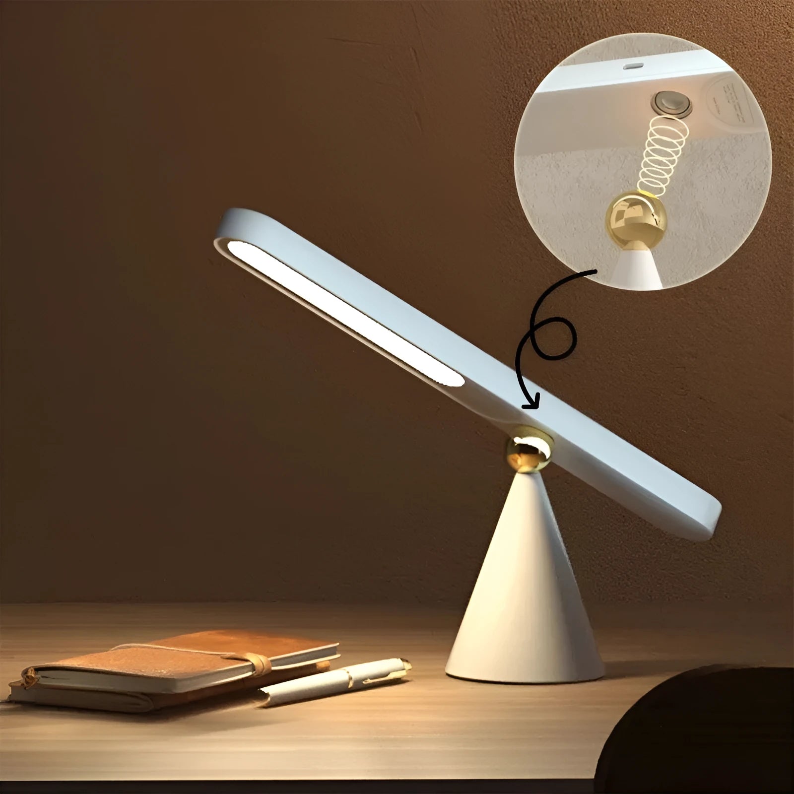 Geometric magnetic table lamp with PC shade in khaki or white featuring touch control and USB power for wall or desk use