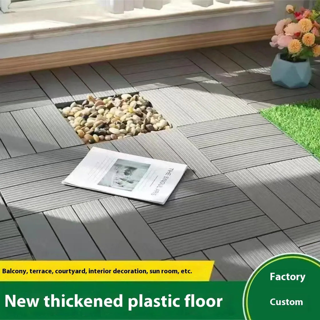Pack of ten brown wood grain patterned plastic interlocking floor tiles