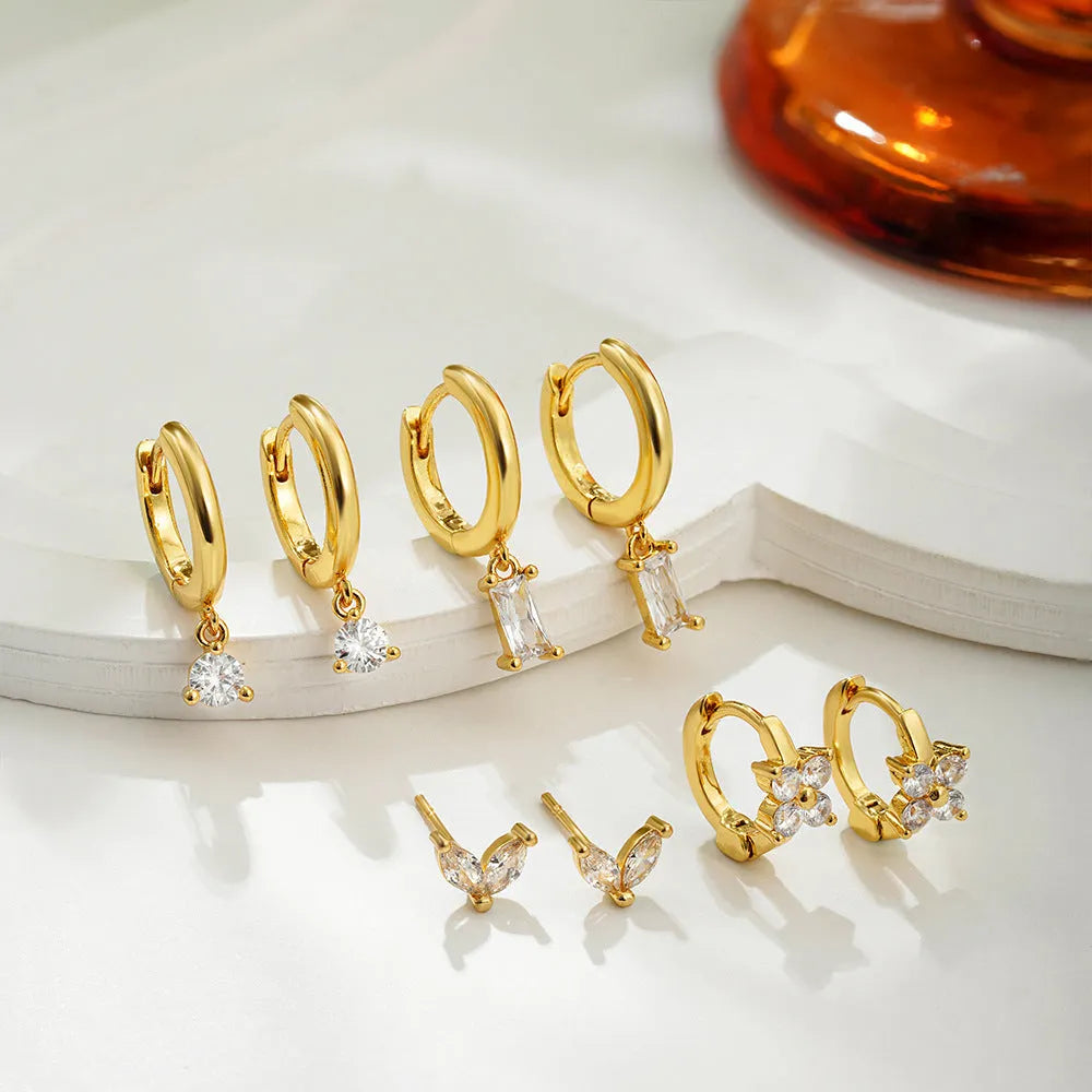 Geometric square copper earrings with zircon detailing in gold or silver electroplated finishes