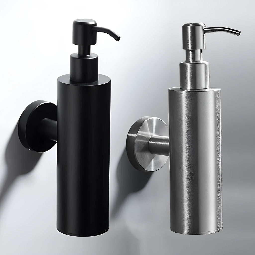 304 stainless steel wall-mounted manual soap dispenser in brushed, mirror, and black finishes.