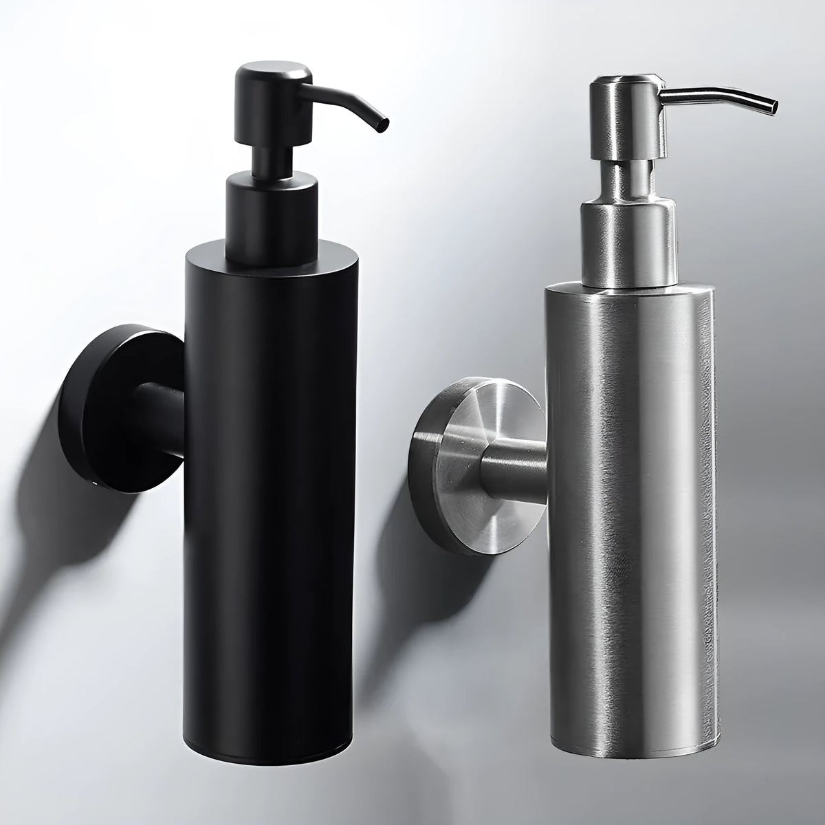 304 stainless steel wall-mounted manual soap dispenser in brushed, mirror, and black finishes.