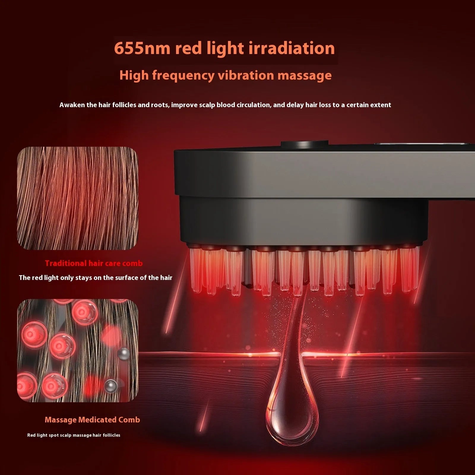 Smart massage comb with red light therapy in pink colour, measuring less than 10cm